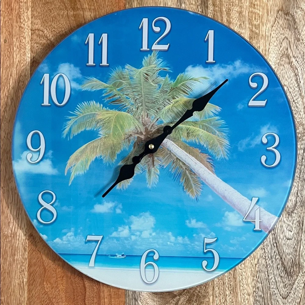 Tropical Glass Blue and White Wall Clock 13” round